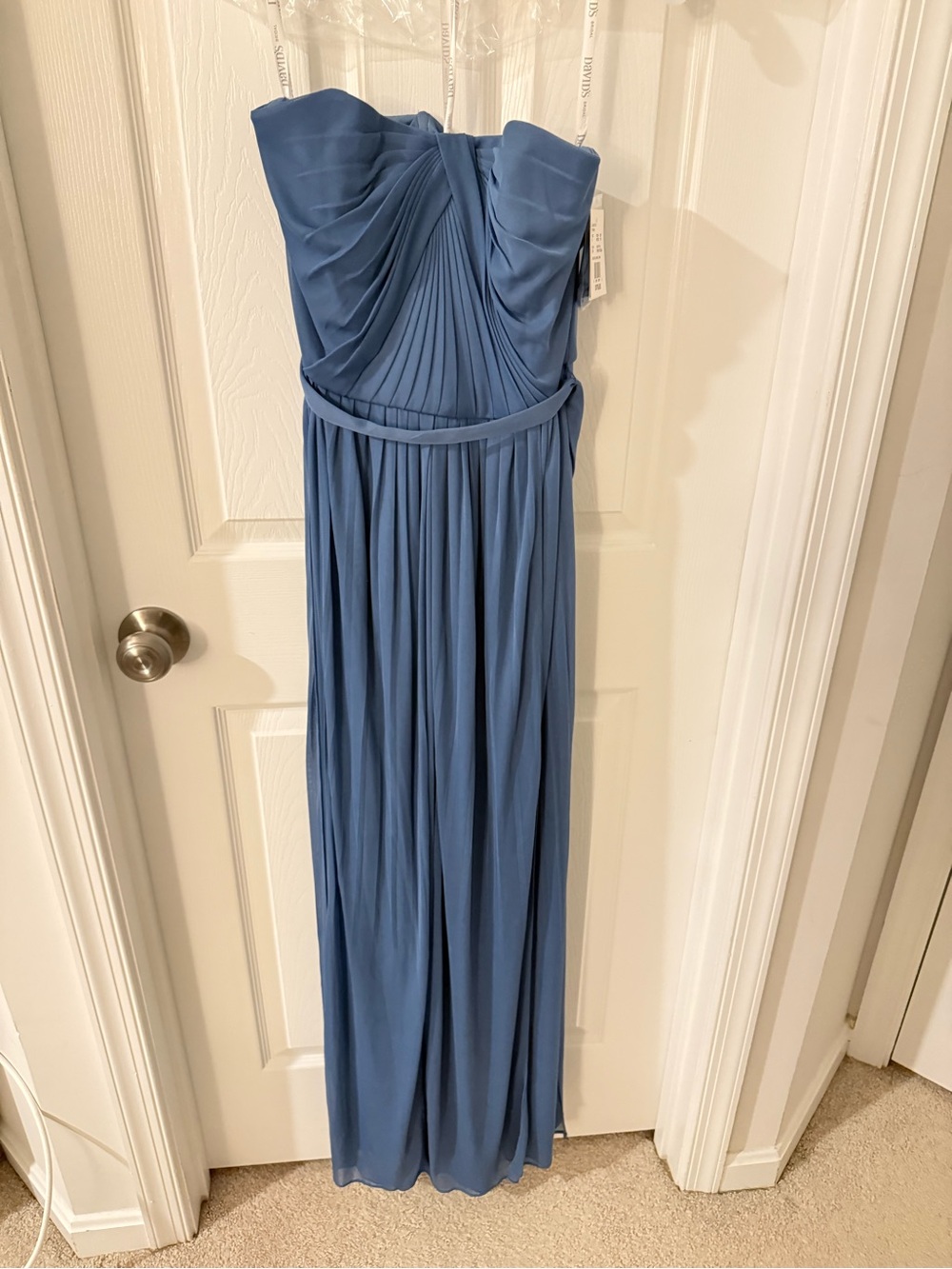David's Bridal Strapless Pleated Maxi Dress in Slate Blue